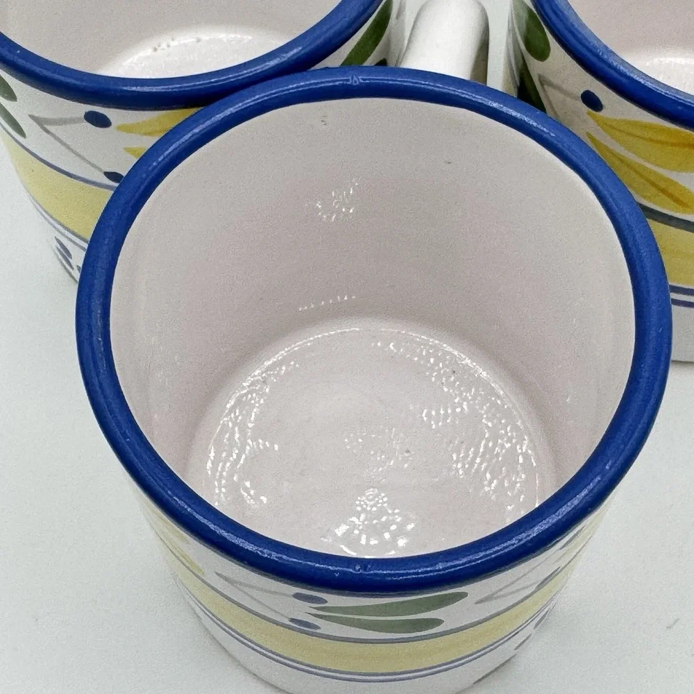 Pier 1 Solimar Mug Set‎ 3 Hand Painted Tunisia Blue Yellow Mediterranean Floral